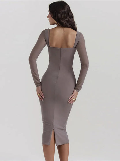 Grey sand bodycon midi dress with slight stretch, sheath silhouette, strapless neckline, and long sleeves. Features lace decoration, a high waist, and a zipper closure. Made from a mesh, cotton blend, and polyester fabric, falling to mid-calf length.