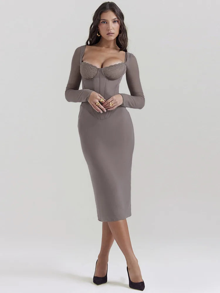 Grey sand bodycon midi dress with slight stretch, sheath silhouette, strapless neckline, and long sleeves. Features lace decoration, a high waist, and a zipper closure. Made from a mesh, cotton blend, and polyester fabric, falling to mid-calf length.