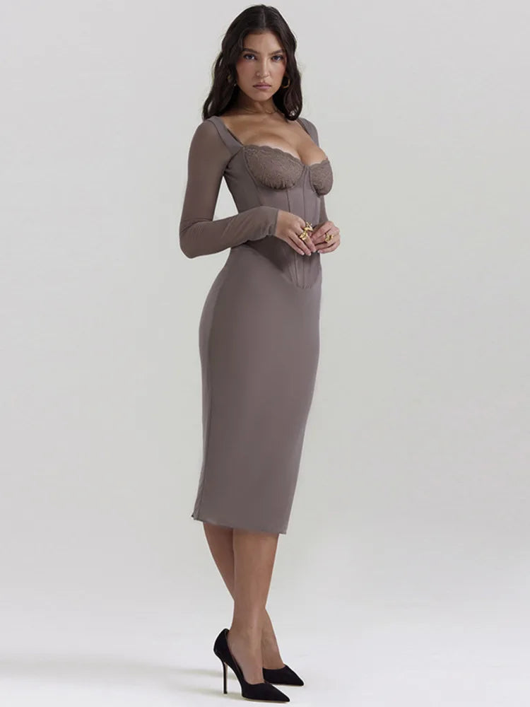 Grey sand bodycon midi dress with slight stretch, sheath silhouette, strapless neckline, and long sleeves. Features lace decoration, a high waist, and a zipper closure. Made from a mesh, cotton blend, and polyester fabric, falling to mid-calf length.