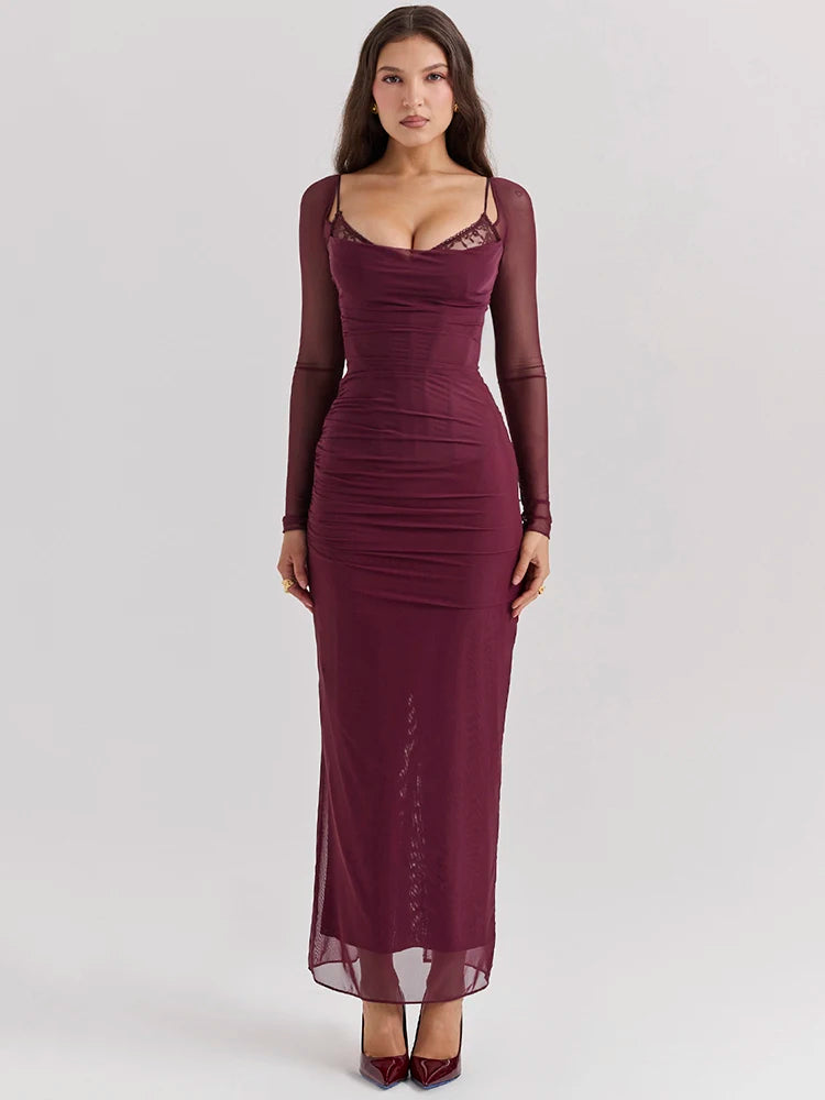 Wine red bodycon maxi dress with a sheath silhouette, slight stretch, and strapless neckline. Features sheer long sleeves, a backless design, and a zipper closure. Made from mesh, spandex, and polyester, with an ankle-length fit.