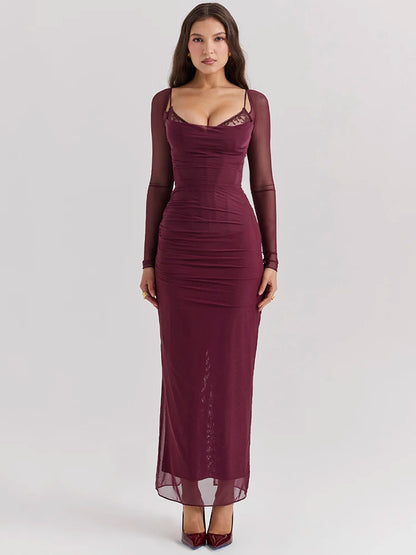 Wine red bodycon maxi dress with a sheath silhouette, slight stretch, and strapless neckline. Features sheer long sleeves, a backless design, and a zipper closure. Made from mesh, spandex, and polyester, with an ankle-length fit.