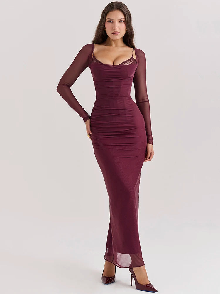 Wine red bodycon maxi dress with a sheath silhouette, slight stretch, and strapless neckline. Features sheer long sleeves, a backless design, and a zipper closure. Made from mesh, spandex, and polyester, with an ankle-length fit.