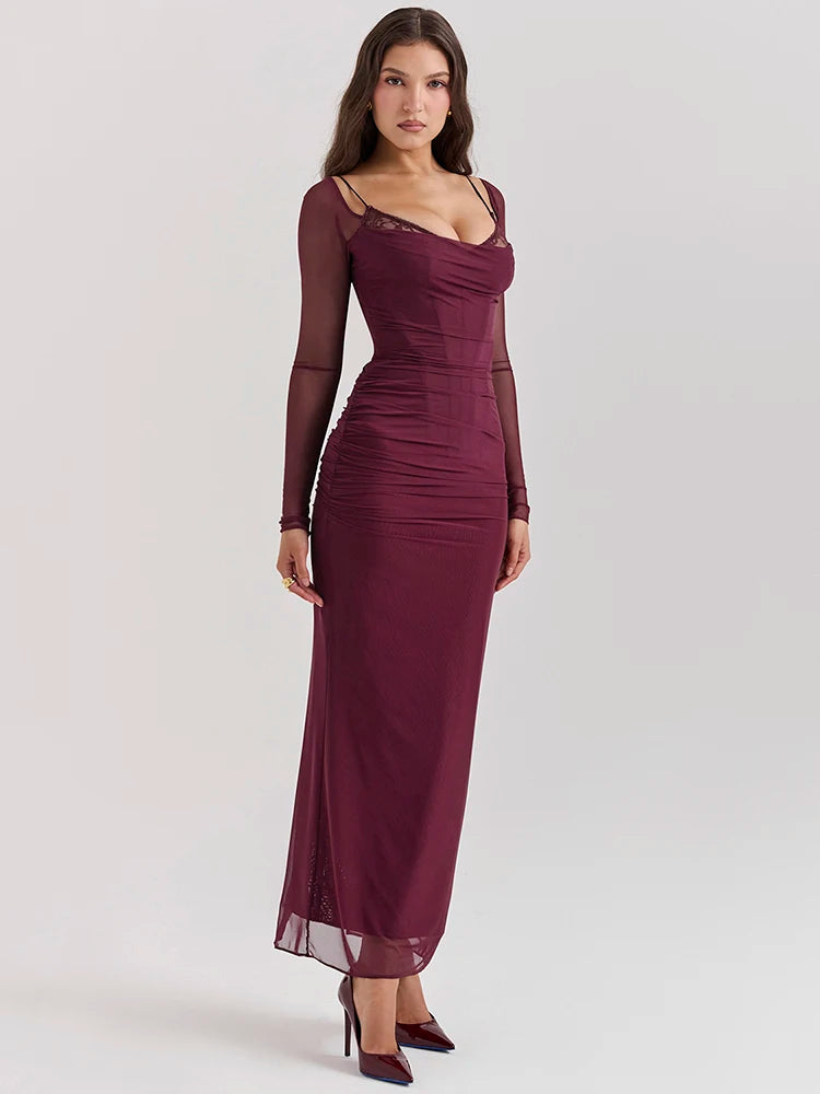 Wine red bodycon maxi dress with a sheath silhouette, slight stretch, and strapless neckline. Features sheer long sleeves, a backless design, and a zipper closure. Made from mesh, spandex, and polyester, with an ankle-length fit.