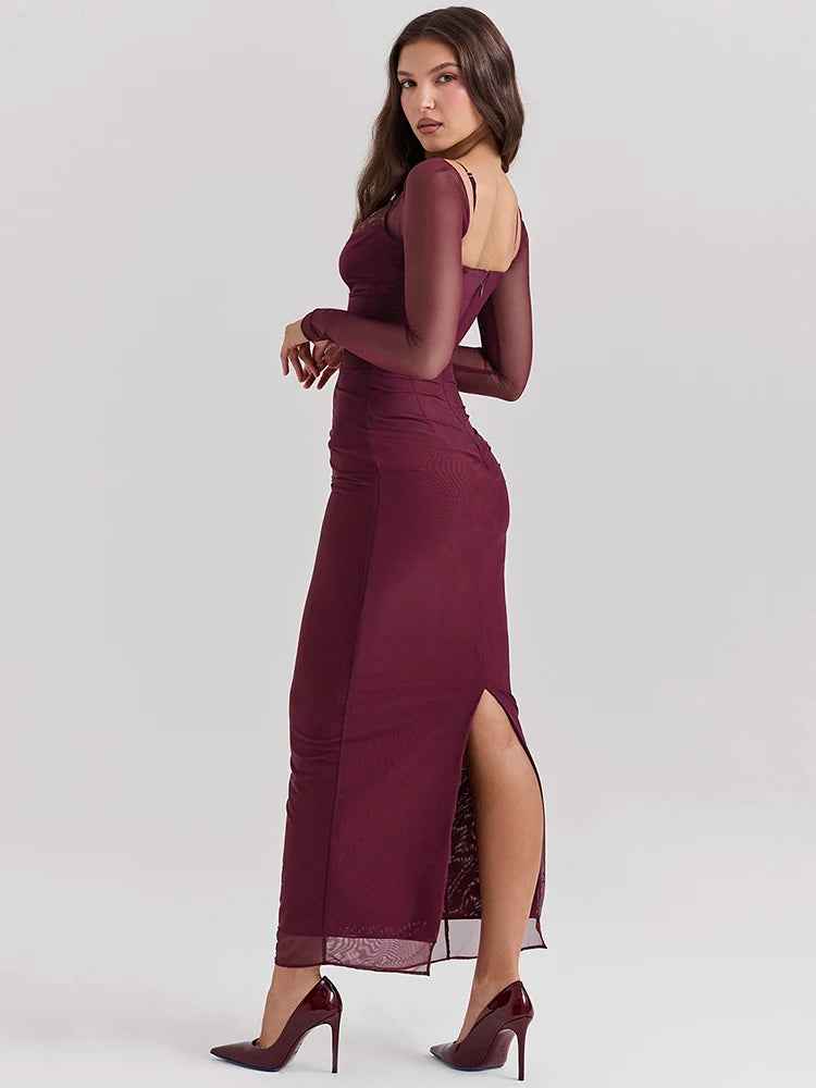 Wine red bodycon maxi dress with a sheath silhouette, slight stretch, and strapless neckline. Features sheer long sleeves, a backless design, and a zipper closure. Made from mesh, spandex, and polyester, with an ankle-length fit.