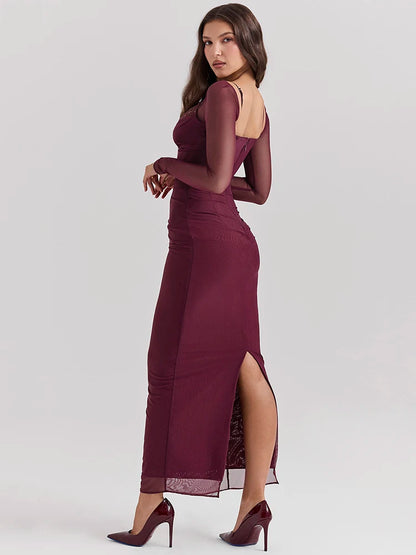 Wine red bodycon maxi dress with a sheath silhouette, slight stretch, and strapless neckline. Features sheer long sleeves, a backless design, and a zipper closure. Made from mesh, spandex, and polyester, with an ankle-length fit.