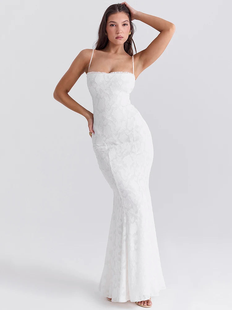 White mermaid-style maxi dress with lace print and lace-up closure. Features slight stretch, strapless design, and ankle-length fit. Made from polyester, spandex, and mesh.