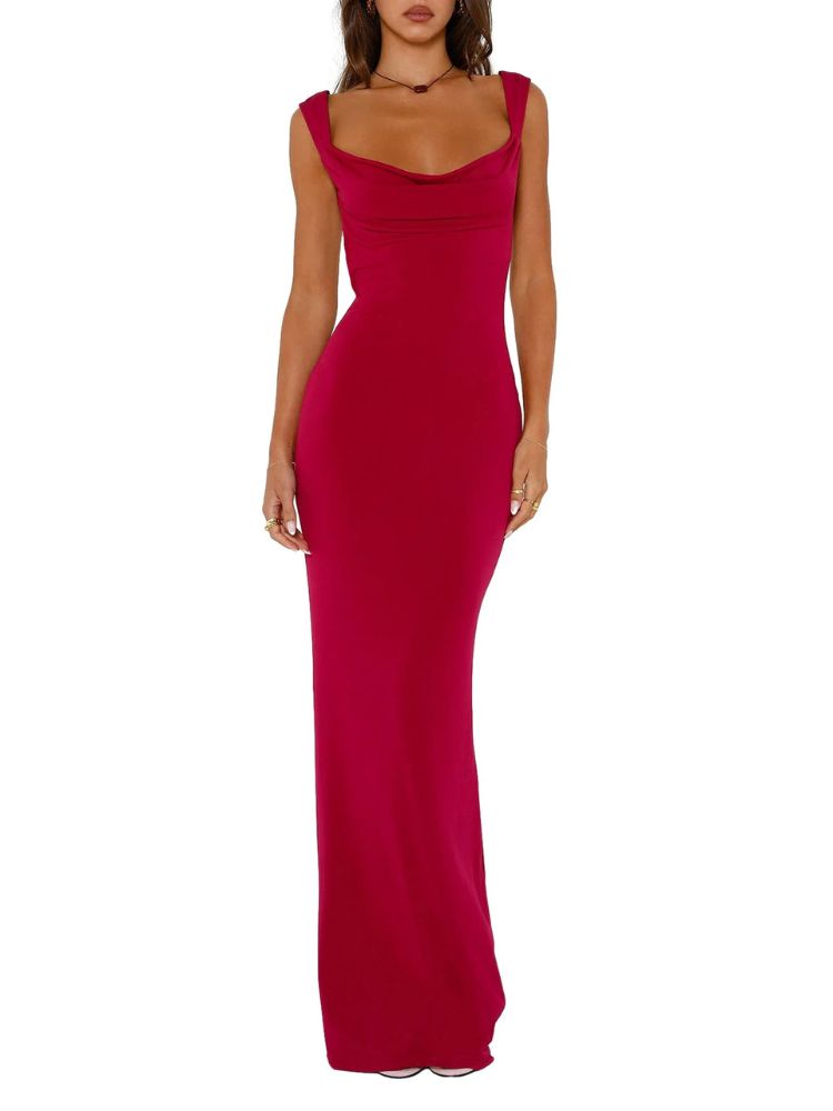 Woman wearing a red sleeveless Bodycon Maxi Dress with a Backless Design and a Satin Bow