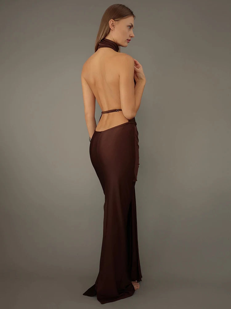 Brown floor-length maxi dress with slight stretch, tank sleeves, and a turtleneck. Features a backless design and a pullover closure. Made from spandex and polyester.