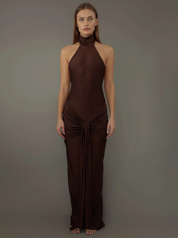 Brown floor-length maxi dress with slight stretch, tank sleeves, and a turtleneck. Features a backless design and a pullover closure. Made from spandex and polyester.