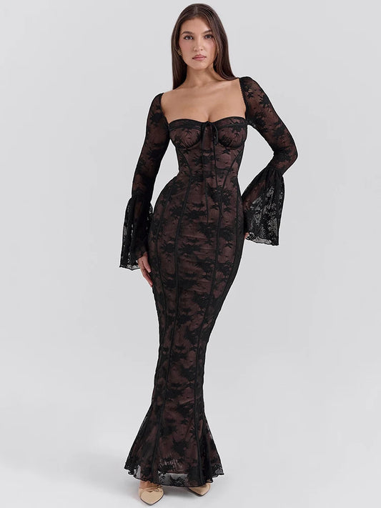 Woman wearing a back lace print long flare sleeve maxi dress with a square collar and backless design, offering a sexy bodycon fit