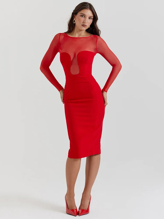 Red bodycon midi dress with an O neckline, sheer long sleeves, slight stretch, and an invisible zipper closure.