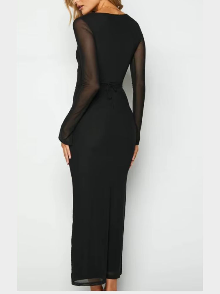 Woman wearing ablack Maxi Dress, hollow-out bodycon, sheer mesh long sleeves, lace-up design, reversible wear.