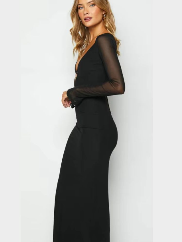 Woman wearing ablack Maxi Dress, hollow-out bodycon, sheer mesh long sleeves, lace-up design, reversible wear.