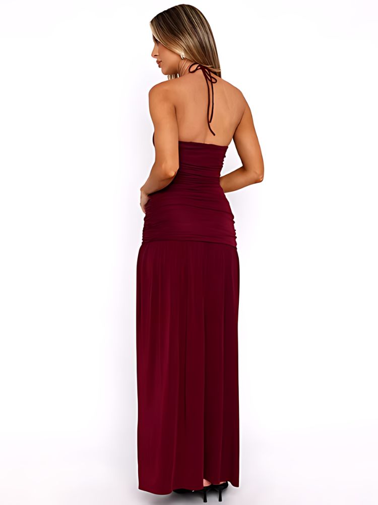 Woman wearing a Maxi Dress in red with a ruched bodice, halter neckline, and thigh-high slit, modeled from different angles