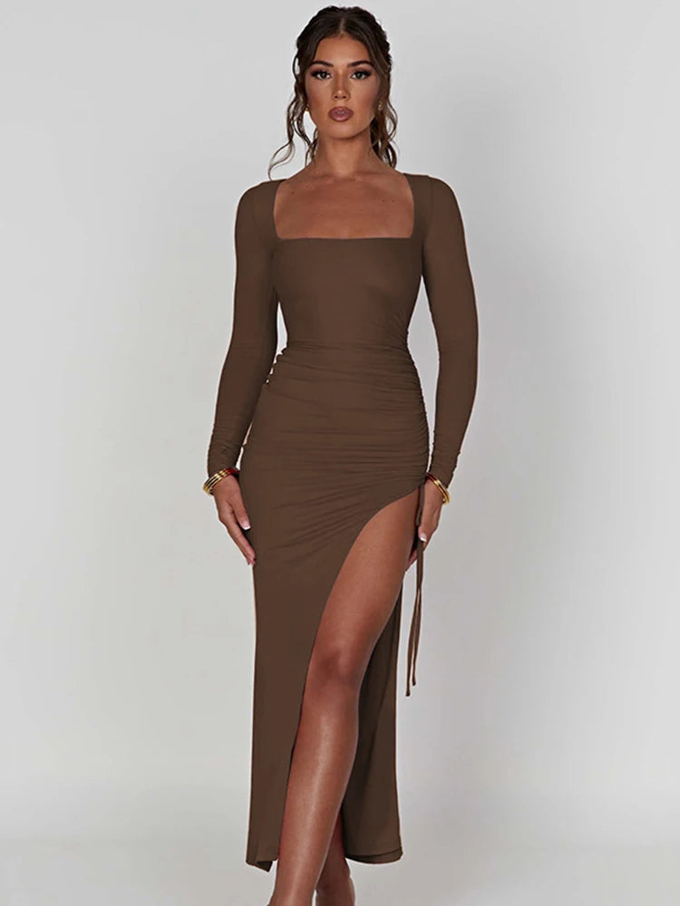 Brown long-sleeve bodycon maxi dress with a square collar and a thigh-high split on one side, featuring drawstring detail.