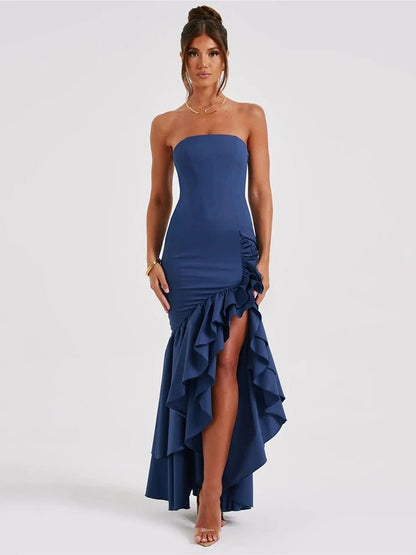 Blue bodycon long dress with a high split ruffle skirt, sleeveless design, and off-shoulder neckline.